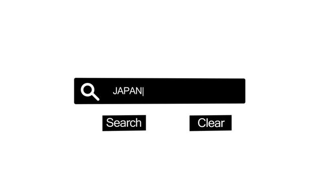 A minimalist digital interface showing a black search bar with the word JAPAN typed inside and a blinking cursor, alongside two black buttons for