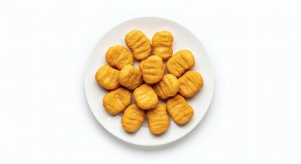 Chicken Nuggets on White Plate Hyper-Realistic Overhead Food Photography, Seamless Shadow-Free Studio Background