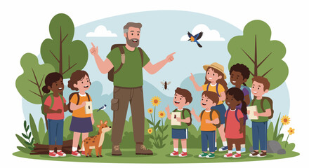 Happy children on a nature field trip with a guide, learning about birds and insects in the forest.