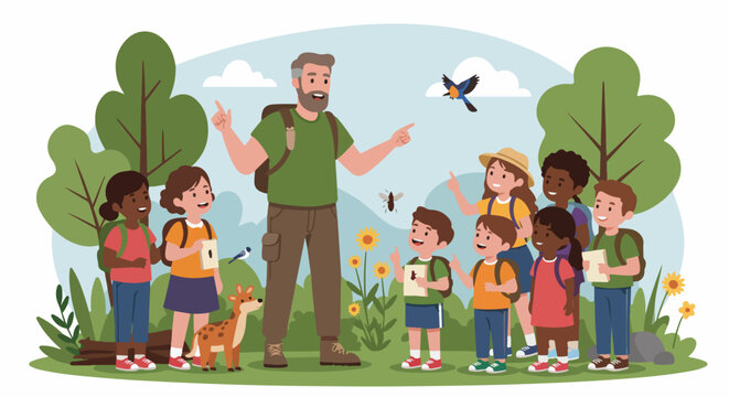 Happy children on a nature field trip with a guide, learning about birds and insects in the forest.