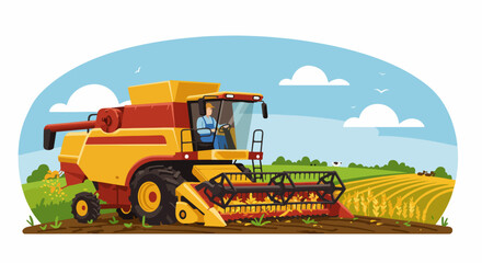 Obraz premium Farmer Operating Combine Harvester in Wheat Field Illustration: Modern Agricultural Harvesting Machine Working on Farmland During Summer.