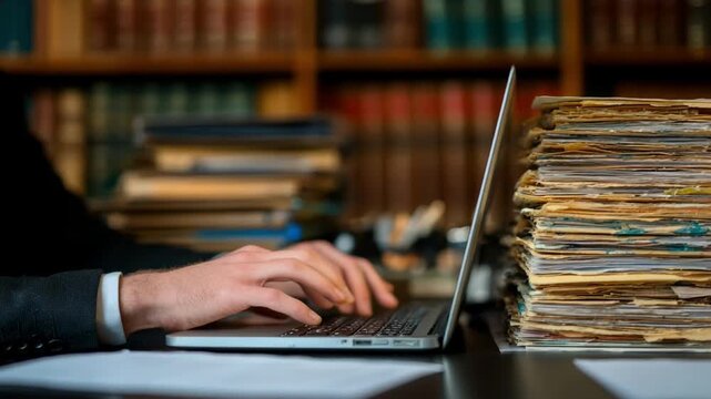 Medium shot of hands typing a detailed legal brief on a laptop surrounded by law books and printed case files in a tidy office.