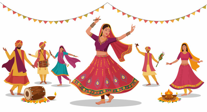 Group of Indian People Dancing Garba or Dandiya Raas During Festival Celebration, Isolated Vector Illustration of Traditional Folk Dance.
