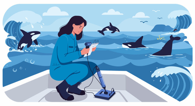 Marine Scientist Studying Orcas on a Boat in Rough Seas, Taking Acoustic Measurements for Conservation Research.