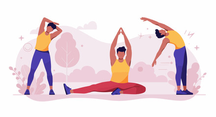 Fototapeta premium Male figure performing stretching and yoga poses in a stylized outdoor setting, representing fitness and healthy lifestyle.