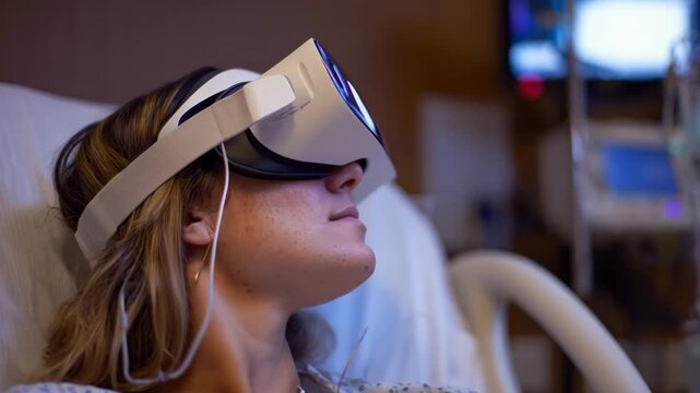 Medium shot of a patient wearing a virtual reality headset experiencing interactive 3D visuals to reduce anxiety during a clinical process.