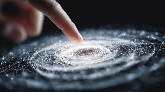 A hand is touching a virtual galaxy, symbolizing technological exploration and innovation. The cosmic swirls and luminous points of light evoke a sense of wonder and futuristic discovery