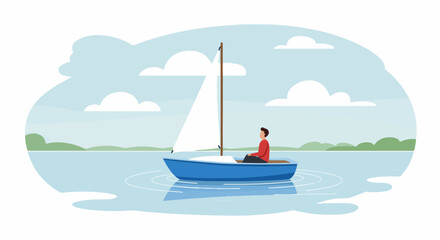 Fototapeta premium Simple vector illustration of a man sailing a blue boat on calm water, showcasing leisure, relaxation, and outdoor activity.