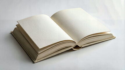 An open hardcover book mockup with thick visible pages, a seamless white background, a paper texture, soft natural shadows, a high-end publishing mockup style.
