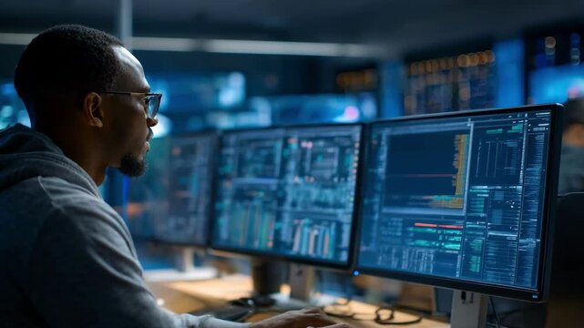 Medium shot of cybersecurity analyst monitoring corporate network logs to detect and analyze emerging cyber threats in a hightech office environment.