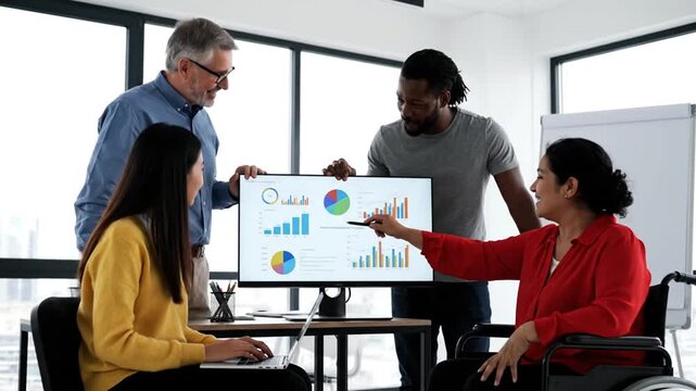 Diverse business team reviewing data on monitor in modern office