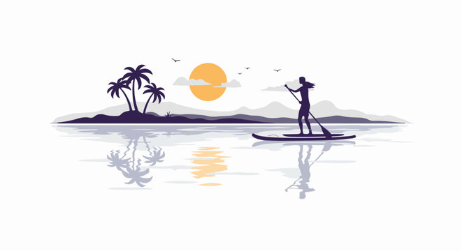 Silhouette of a woman stand-up paddleboarding (SUP) on calm water during sunset near a tropical island, flat vector illustration.