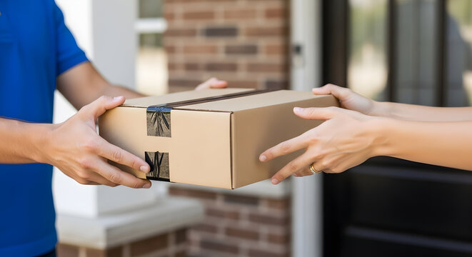 Close-up of a delivery person handing a cardboard package to a recipient at their front door, emphasizing home delivery and e-commerce services.