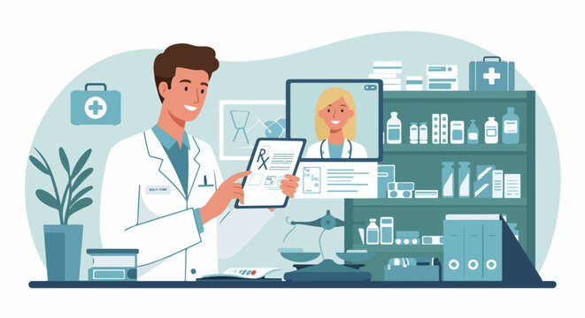 Pharmacist processing an electronic prescription on a tablet, consulting a doctor via telehealth in a modern digital healthcare environment.