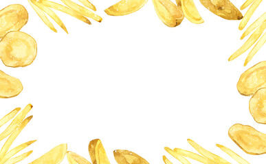 じゃがいも料理のフレーム　料理・食べ物の手描き水彩イラスト背景素材