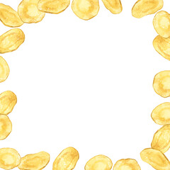 ポテトチップスのフレーム　料理・食べ物の手描き水彩イラスト背景素材