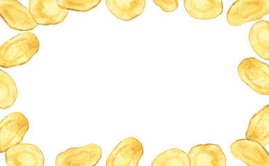 ポテトチップスのフレーム　料理・食べ物の手描き水彩イラスト背景素材