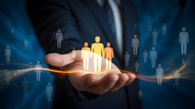 Businessman holding glowing human figures representing team leadership and community in a dark blue background with copy space