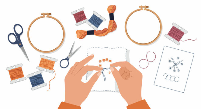 Flat vector illustration of hands embroidering a floral pattern using needle, thread, and hoops, surrounded by craft supplies on a white background.