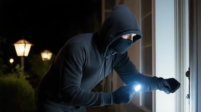 A hooded person attempts to open a door in darkness