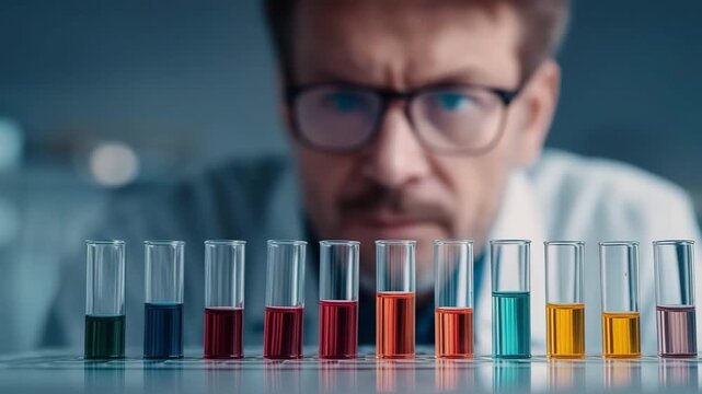 A scientist examining various colorful liquids in test tubes, highlighting scientific analysis