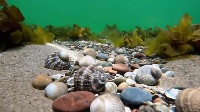 Underwater scene with colorful seashells and pebbles on ocean floor surrounded by seaweed