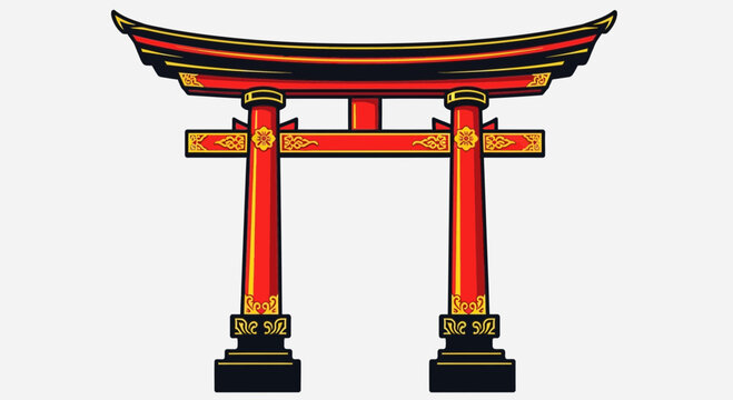 Japanese Torii Gate, Red and Gold Traditional Shinto Shrine Entrance