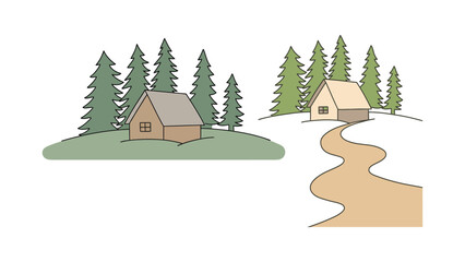 Obraz premium Forest Cabin Landscape Vector Illustration, Cute Woodland House and Pine Trees