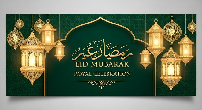 Elegant eid mubarak banner with lanterns and festive decorations