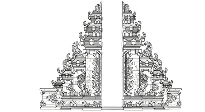 Traditional Balinese Candi Bentar Gate Drawing, Architectural Sketch