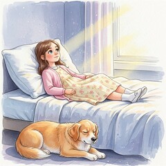 A girl sleeping in her bed with her dog beside her 