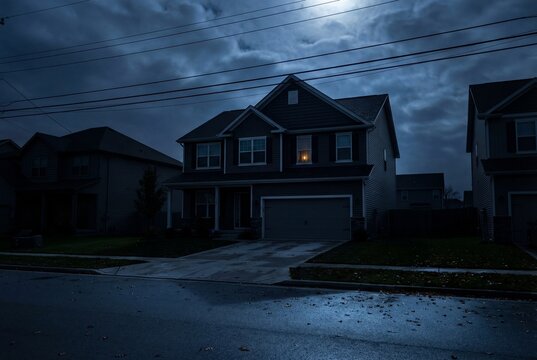 Dark suburban house at night with single illuminated window during power outage