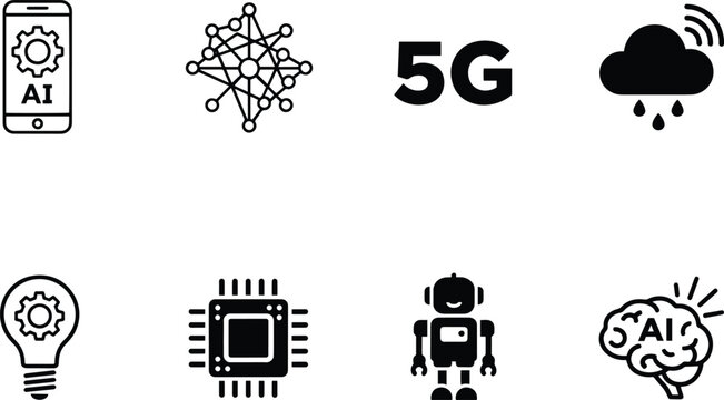 Set of ai 5g technology vector silhouette icons bundle for design and development concepts