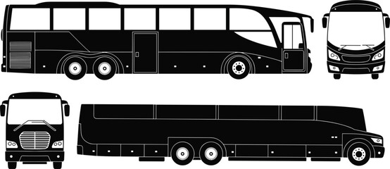 Fototapeta premium Black silhouette line art drawings of a modern tour bus from three angles Keywords: bus, coach, tour bus, passenger bus, vehicle