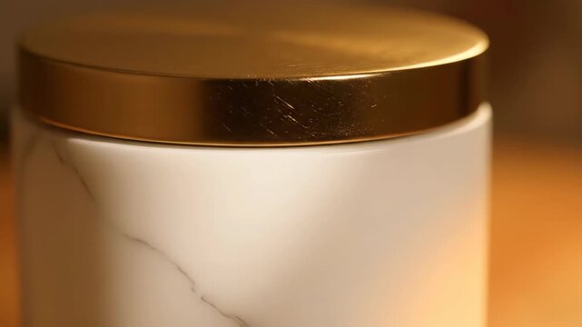 Marble container with golden lid, close-up shot shows home decoration, luxury