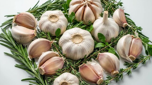 Garlic cloves and whole garlic bulbs arranged with rosemary on white background.