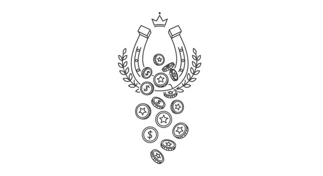 Lucky Horseshoe with Falling Coins and Laurel Wreath, Symbol of Good Fortune and Wealth