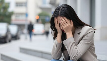 Woman in despair sitting alone on city stairs with her face in her hands
