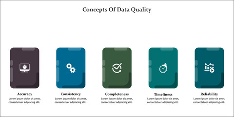 Concepts of data quality. Infographic template with icons and description placeholder