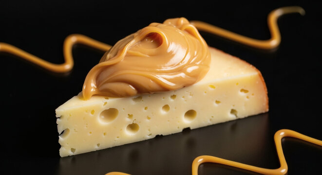 Sliced cheese topped with creamy caramel spread (doce de leite) on a black plate.