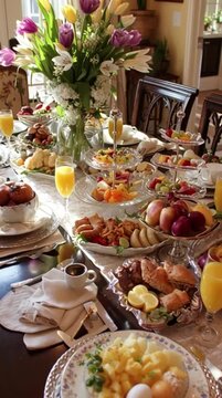 Elegant brunch spread with fresh fruits, pastries, savory dishes, and a floral centerpiece, perfect for a luxurious celebration