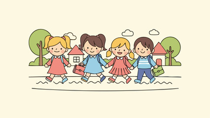 Fototapeta premium Children Crossing Street - A Colorful Illustration of School Kids on the Crosswalk.
