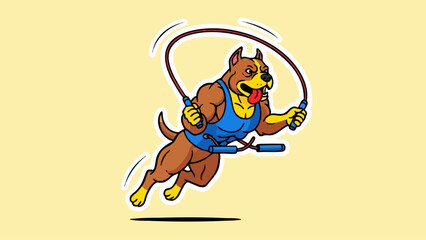 Fototapeta premium Athletic cartoon pitbull dog character jumping rope for exercise.
