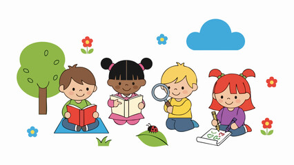 Naklejka premium Diverse group of cartoon children learning and playing outdoors.