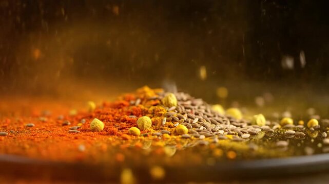 Colorful spices on black surface: paprika, turmeric and cumin for cooking.