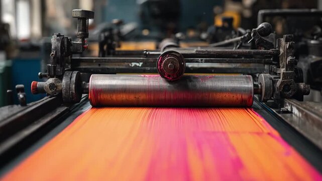 Medium shot of an offset printing machine in a bustling urban factory showcasing heavyduty equipment in action amid a vibrant industrial environment.
