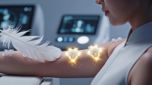Womans arm with feather and medical devices in a modern laboratory setting