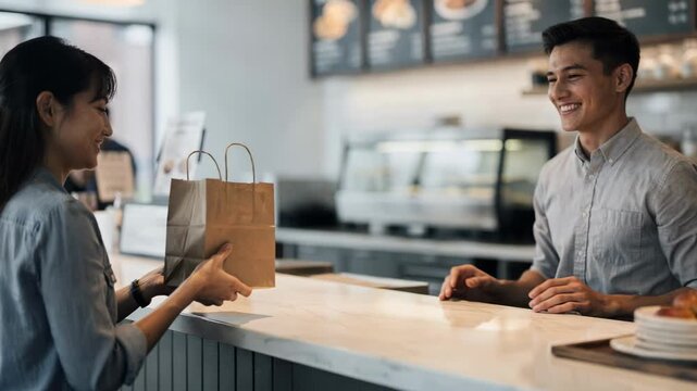 Medium shot showing employee handing a neatly packed single takeout order to a waiting customer at the counter focused on the exchange.