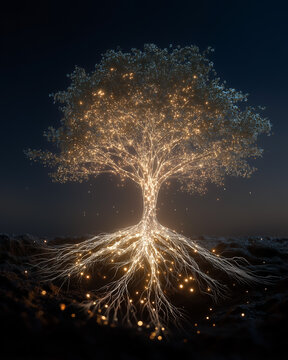 Luminous Tree of Life: A glowing tree emanates ethereal light, its roots intertwined with the earth, under a twilight sky. A powerful symbol of growth, connection.