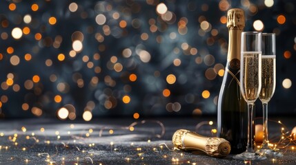 Obraz premium Sparkling Champagne Bottles and Flutes Against a Festive Bokeh Background with Bright Lights and Celebration Elements